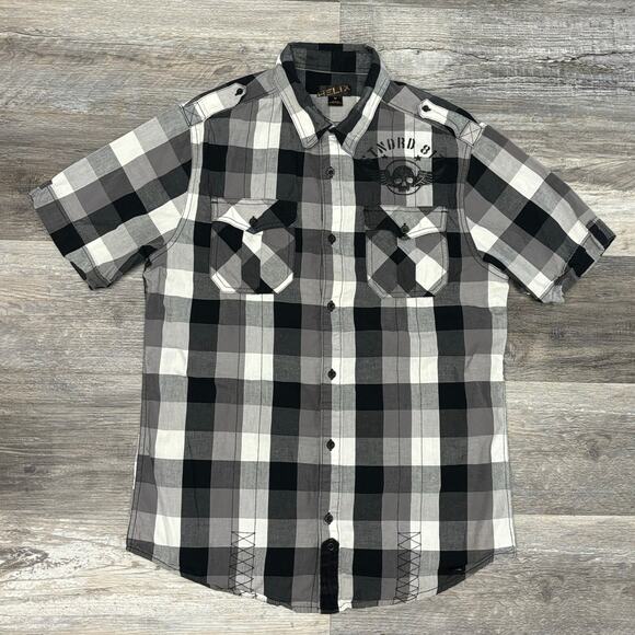 Helix Shirt Skull Wings Grunge Plaid y2k Mallgoth Cyber Biker Button Down Mens M - Picture 3 of 9